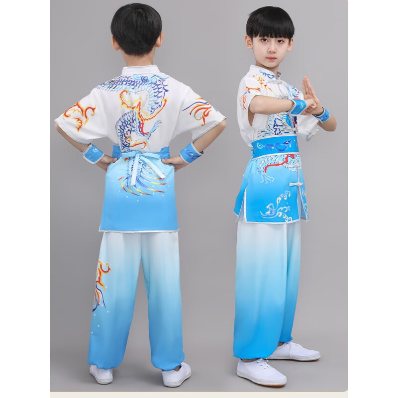 翼米樂新款中國風武術表演服兒童武術比賽體考競賽太極拳演出服裝青少年 天藍漸變套裝 130碼