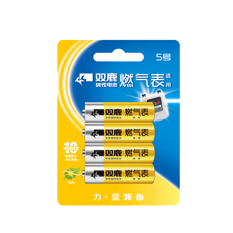 双鹿 5号电池4节卡装 无汞环保 持久耐用 AA碱性适用于天然气表煤气表水表LR6五号 1.5V 4节卡装