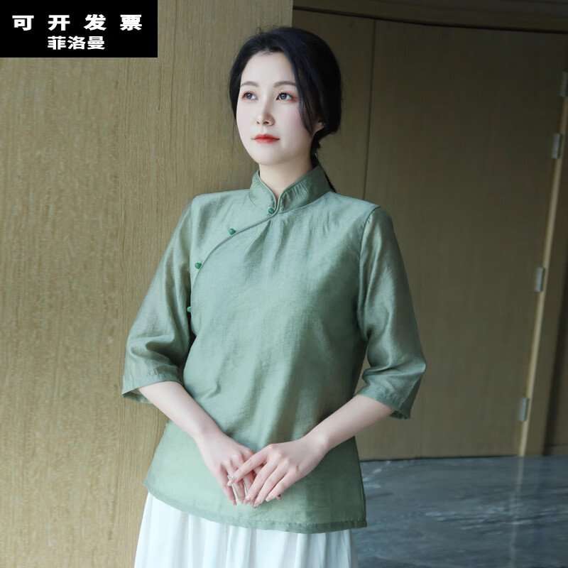 女茶艺师夏季服装佛系禅服旗袍短上衣中式禅意女装宽松盘扣高端居士服