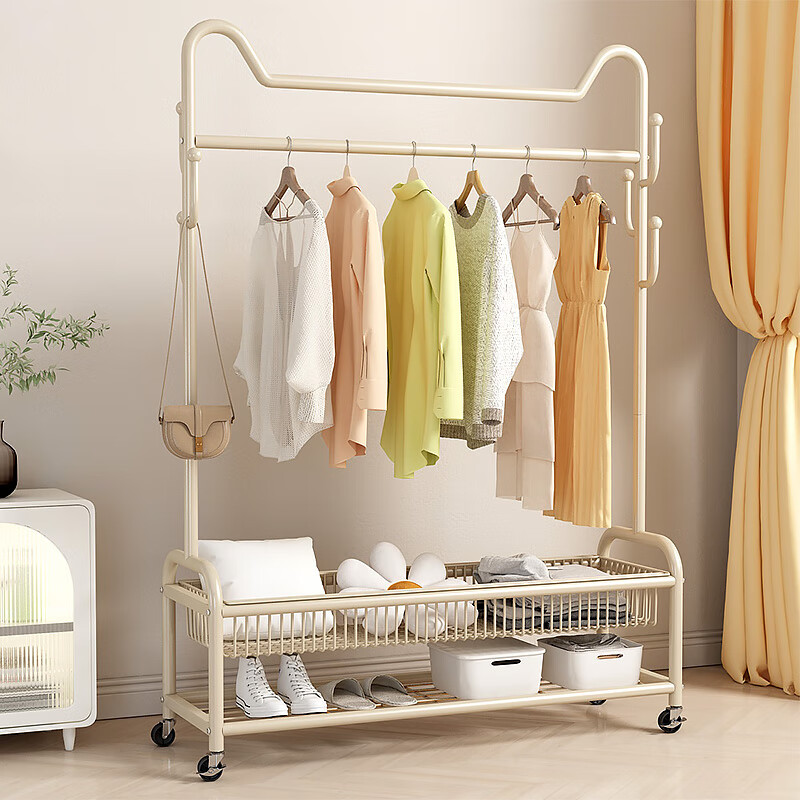 苏沐瞳挂衣架落地家用简易衣帽架奶油风单杆晾衣服架卧室收纳衣服架子 加粗-奶油白60cm【单层置物架】