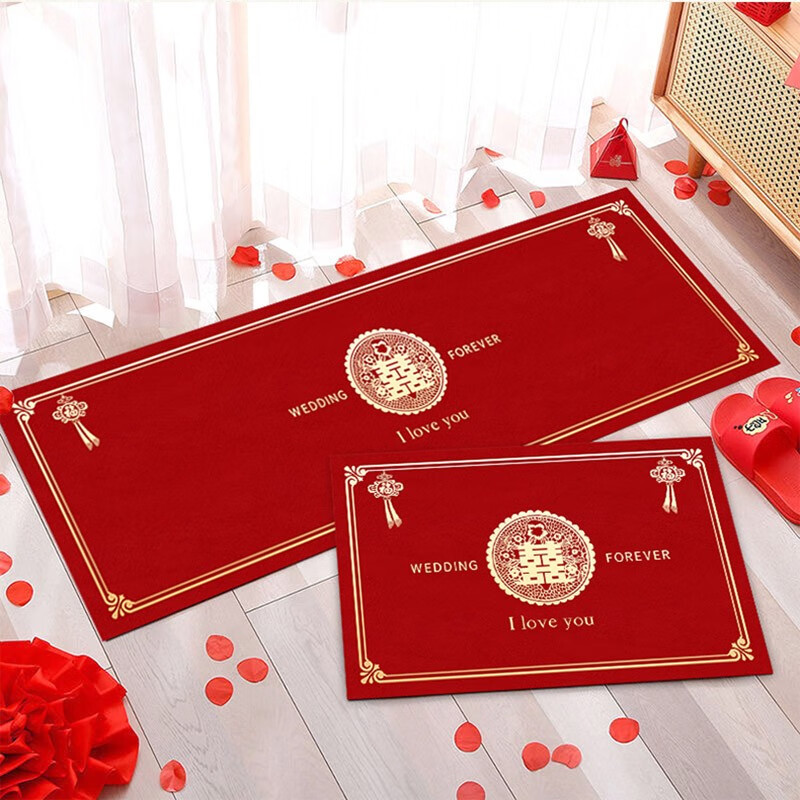 中式床边地毯结婚红地毯喜字地毯入户门婚房进门地毯 双喜6 50*160厘米+50*80厘米