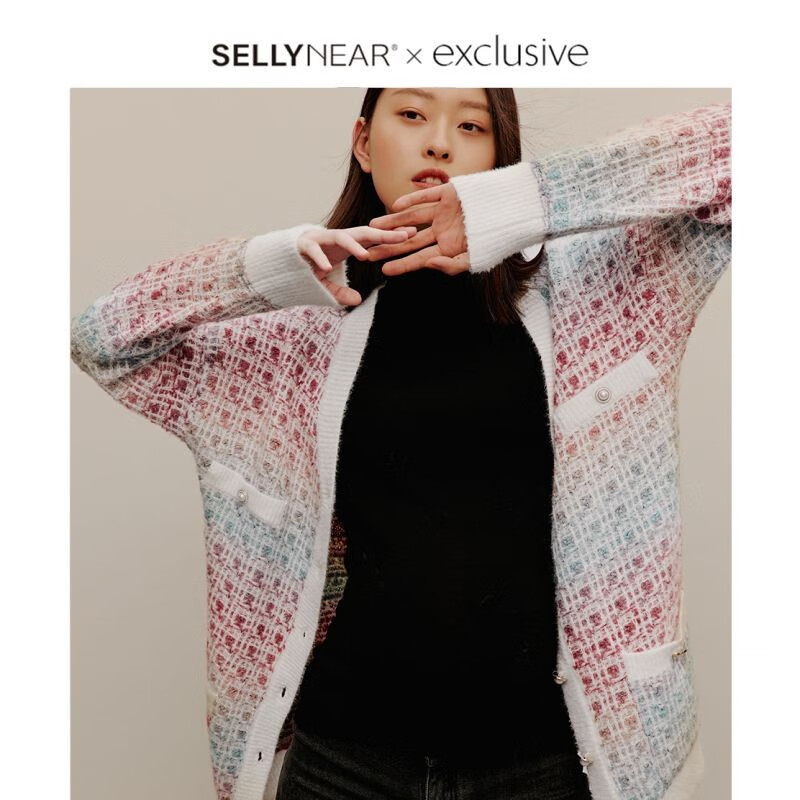 Sellynear孕妇装秋冬新款小香风开衫外套中长款宽松毛衣针织衫孕妈装 段染粉蓝 S