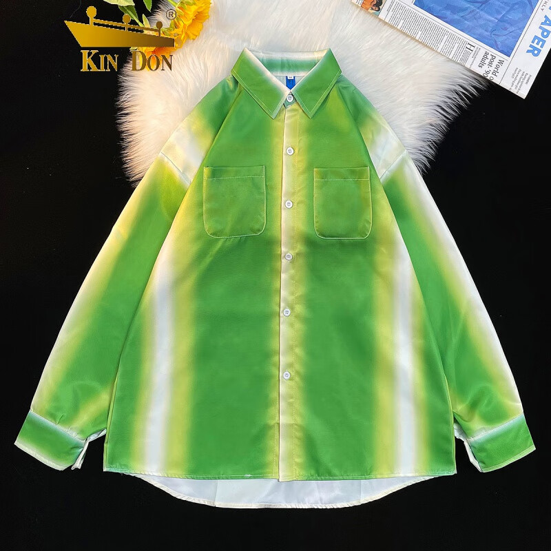 kin don衬衫设计师风阴影撞色休闲衬衫男长袖双口袋绿色渐变色衬衣