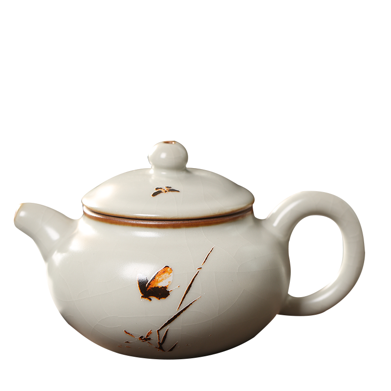京峰閣 汝窯鶯歌蝶舞壺豆黃茶壺手工金絲開片可養(yǎng)陶瓷茶壺閉水功夫茶具套裝 鶯歌蝶舞壺豆黃