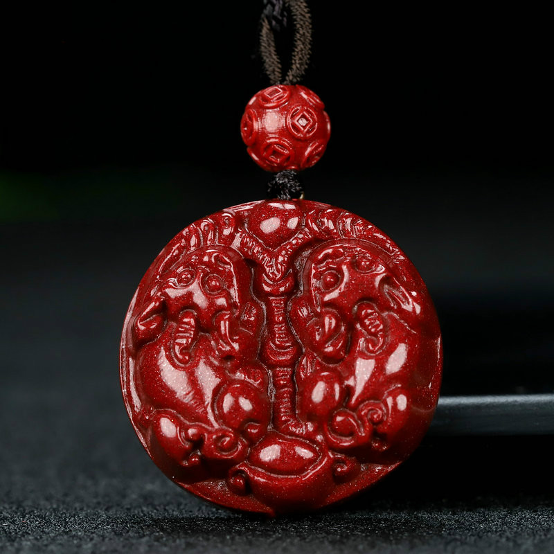 岑枫 原矿朱砂双貔貅吊坠男女情侣项链紫砂配饰本命年玉坠挂件情侣