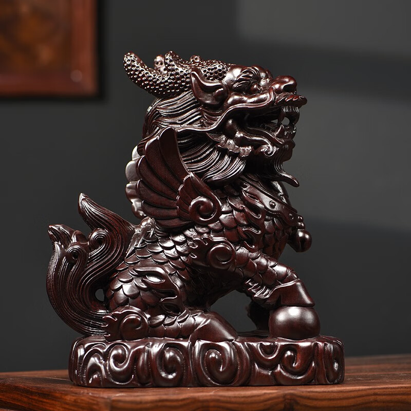 天从 黑檀木雕麒麟摆件一对实木瑞兽墨麒麟工艺品开业礼品贺寿礼物