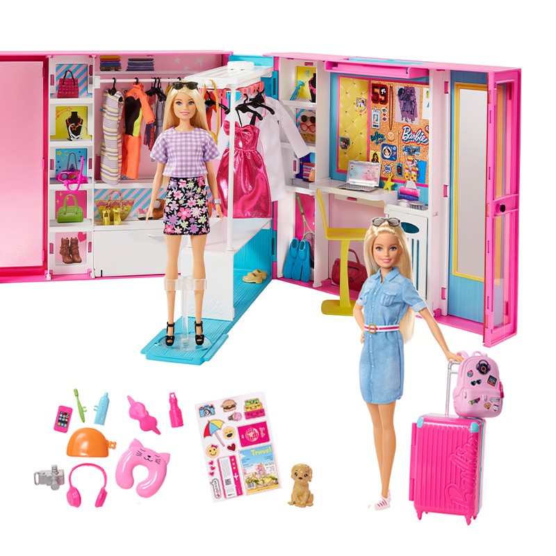 芭比娃娃玩具大礼盒梦幻衣橱闪亮度假屋女孩换装玩具芭比新梦幻衣橱自带娃娃 芭比新梦幻衣橱GBK10