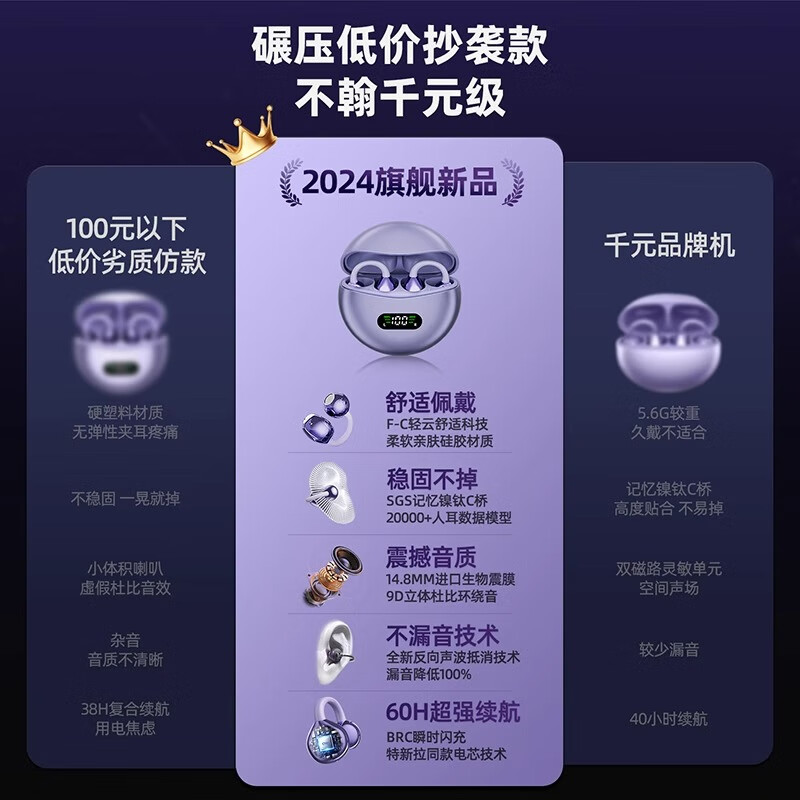 TGEG【2026新款】华为通用蓝牙耳机夹耳式骨传导柏林之声无线不入耳降噪运动跑步专用男女士 【典雅紫】蓝牙5.4芯丨久戴不痛
