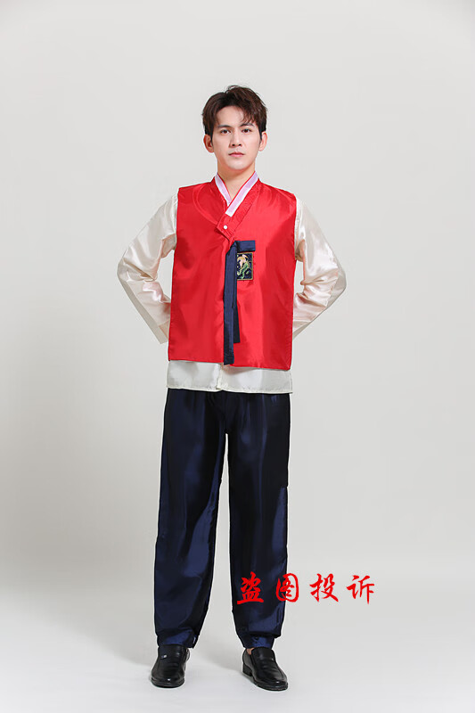 致臻男神新款韩国韩服男士古装宫廷少数民族朝鲜族舞台蹈婚礼表演出服 新红马甲三件套 150码重68-78怎么看?