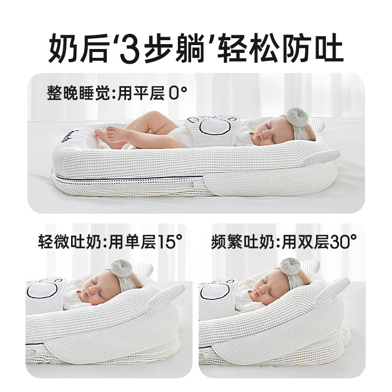 IMOMOTO婴儿斜坡枕床中床新生儿防吐奶防溢奶可调节防惊跳躺喂神器 0-1岁 小熊威尔 0-30°三档调节(可拆洗)