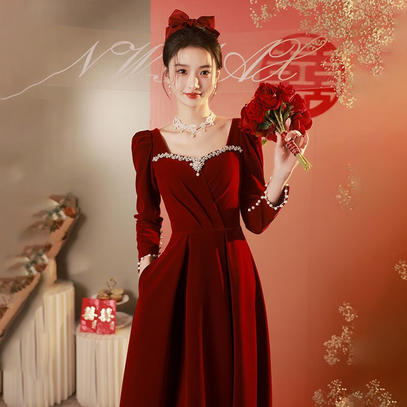 丽佰昕（Libaixin）敬酒服新娘2023新款冬季酒红色订婚礼服高级感长袖丝绒结婚大气女 酒红色 M