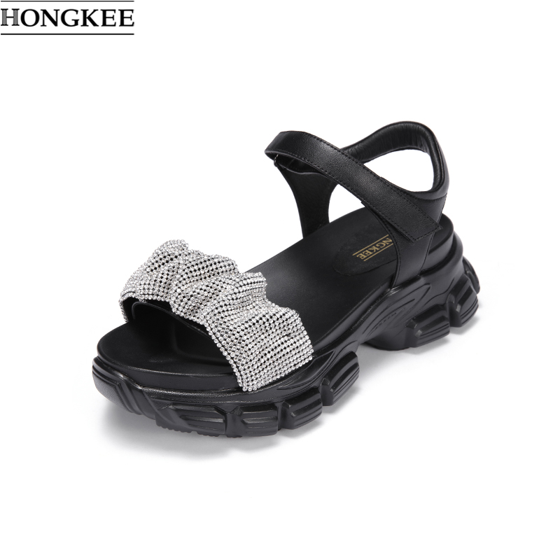Hongkee/红科凉鞋水钻休闲运动厚底女鞋2021夏季新款HB51S205 黑色 38