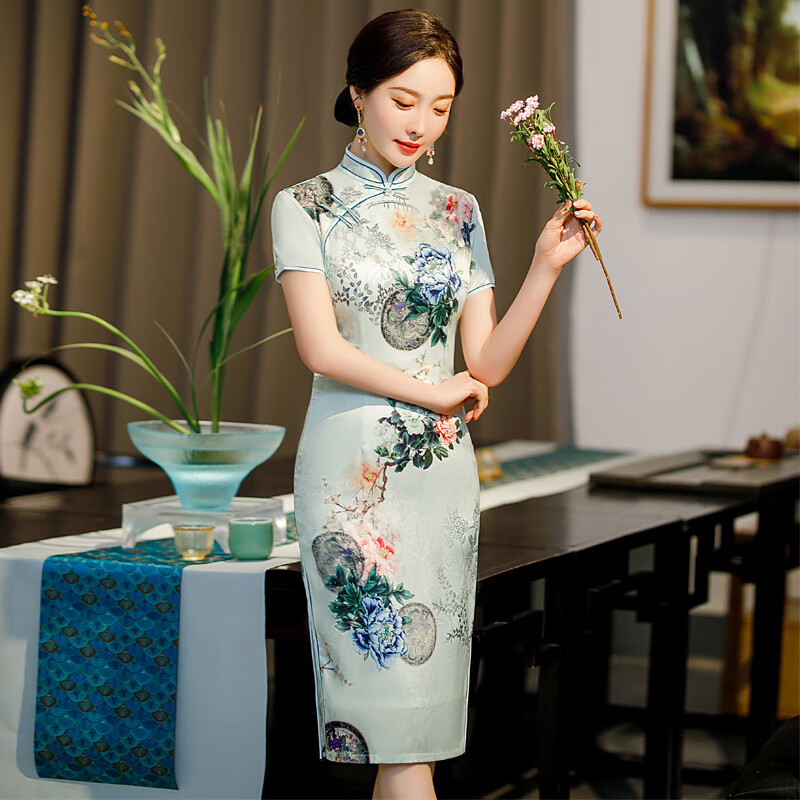 允冠高端桑蚕丝真丝旗袍连衣裙女中老年印花显瘦中国风旗袍裙中长款夏