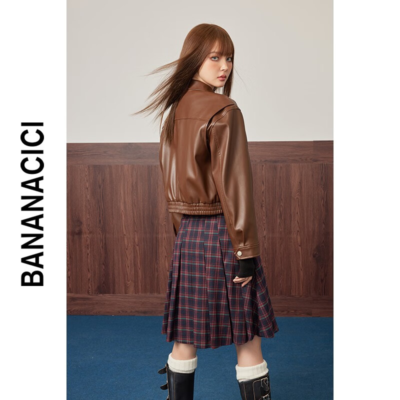 banana cici2023年秋冬新款美拉德复古PU皮百搭机车皮衣外套上衣C234WT167 深咖啡(摩卡咖) L