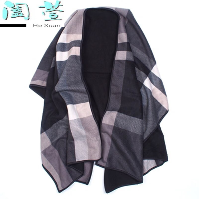 阖荁男士空调披肩欧美大披肩秋冬加绒加厚保暖斗篷围巾毛毯外套 黑灰