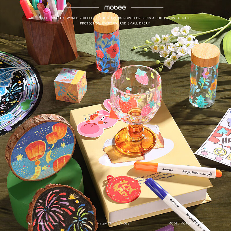 mobee我的第一个画笔礼箱 儿童丙烯水彩笔画笔绘画套装儿童生日礼盒节日礼物马年新年货安全无毒 来福款【60色】丙烯笔礼箱 高覆盖率 多材质可画