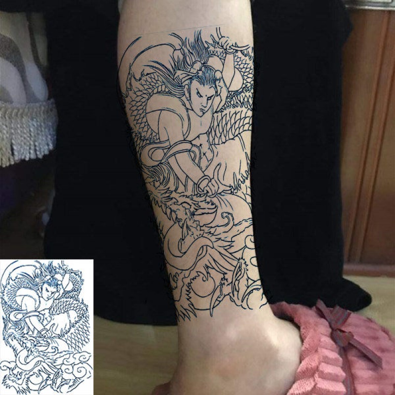 千色集哪吒闹海线条花臂花腿防水纹身贴男女款割线哪吒抽龙筋刺青色