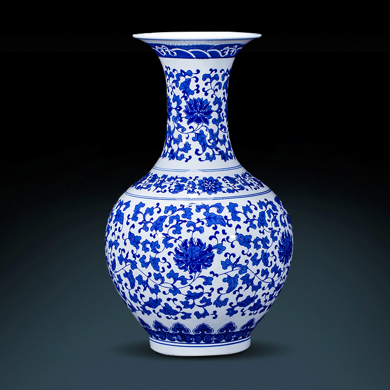 奋行景德镇陶瓷器仿古青花瓷缠枝莲花瓶中式古典客厅玄关摆件家居装饰