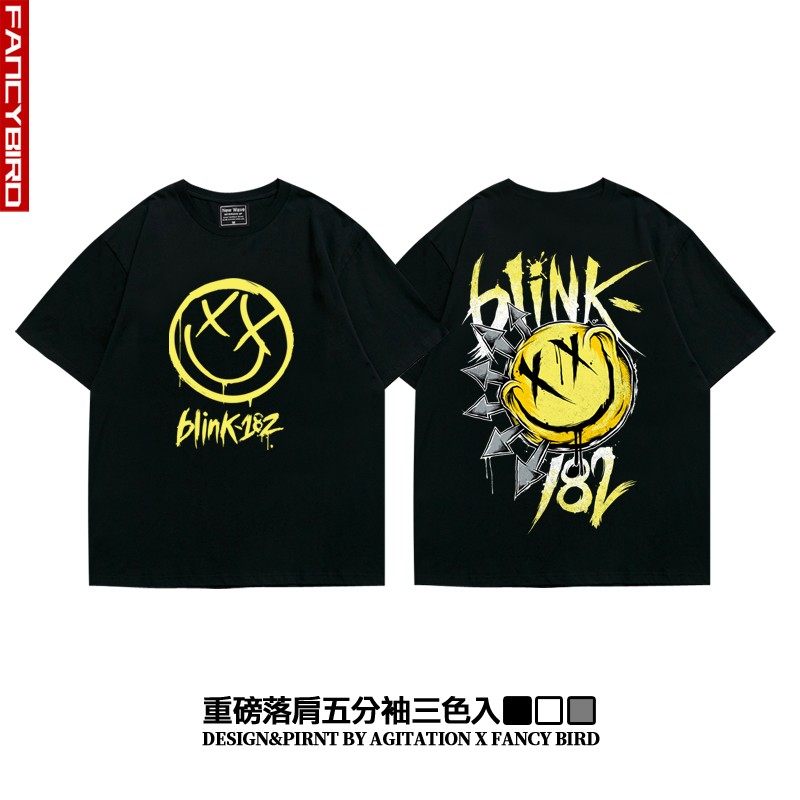 格宝特阿美咔叽摇滚blink-182街头潮流oversize落肩五分袖重磅宽松t恤