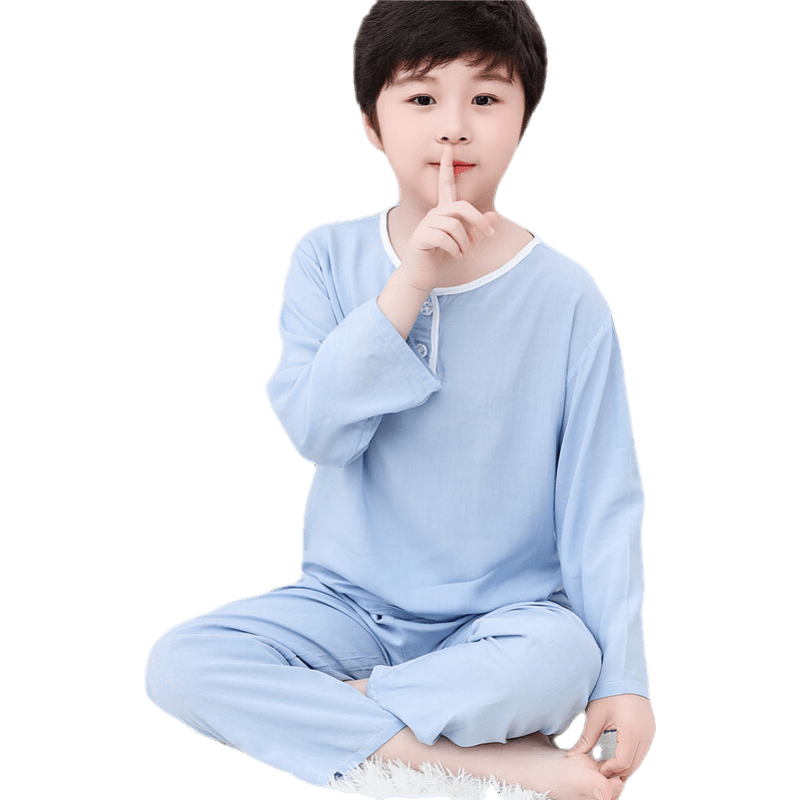 兒童棉綢睡衣薄款夏季長(zhǎng)袖男童男孩綿綢空調(diào)家居服睡衣套裝 藍(lán)色 雙長(zhǎng)淺藍(lán)色男 80號(hào)建議穿120cm