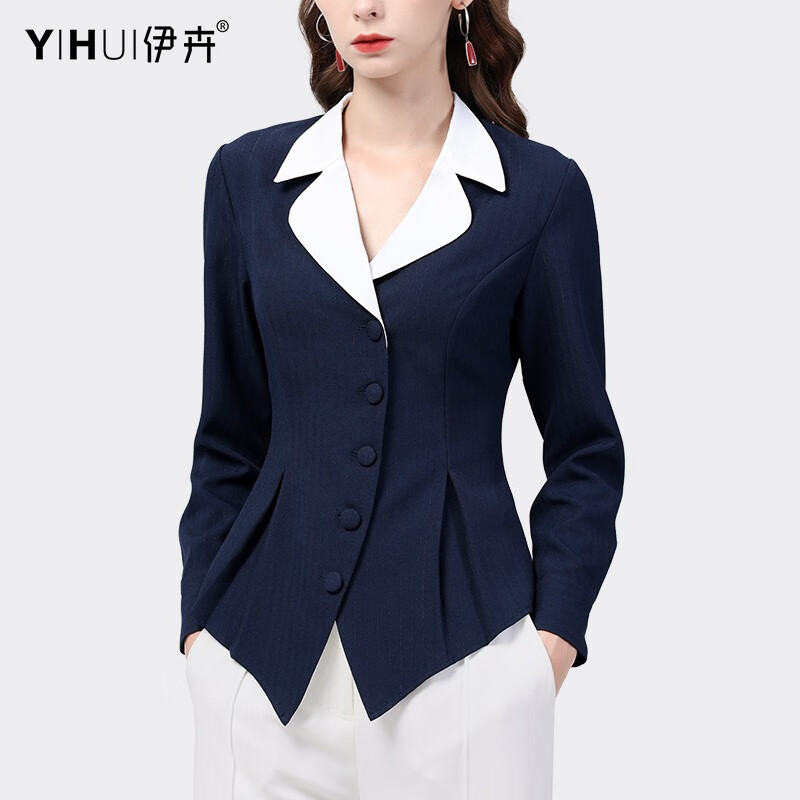 伊卉（YIHUI） 设计感衬衫女长袖上衣西装领衬衣职业时尚显瘦气质2022秋装新款 蓝色 L