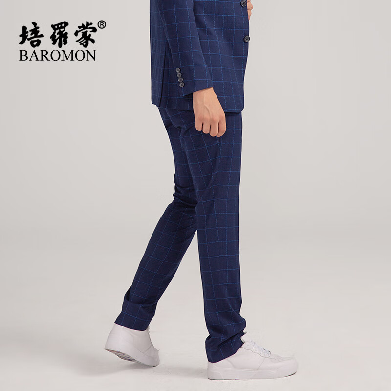 培罗蒙（BAROMON）【轻薄】修身格子西裤男西装裤直筒裤子商务休闲 蓝色格子 38 (97.5cm)