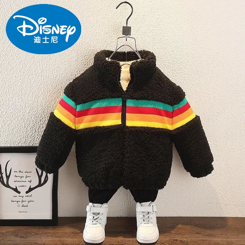 迪士尼女儿童外套男秋冬加绒加厚童装女童外套冬加毛绒儿童宝宝新款大衣 品牌横条 黑色(加厚) 90