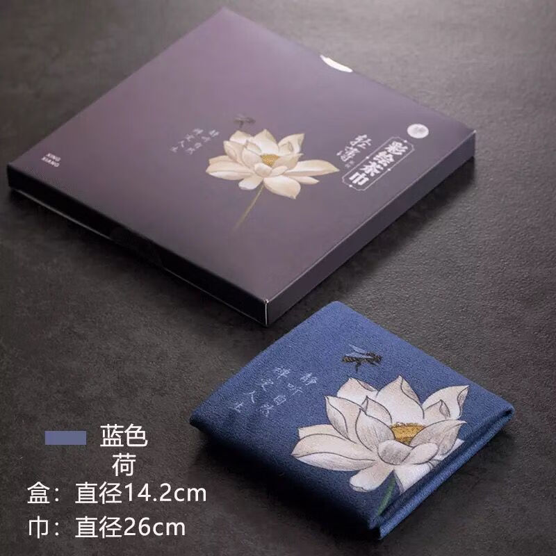 布吸水功夫茶专用毛巾养壶巾茶桌茶几抹布茶布纯棉 彩绘蓝色荷花茶巾