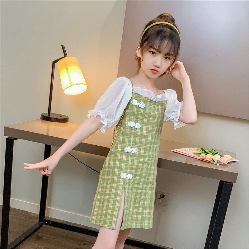 奥米鼠童装夏季女童格子旗袍裙7-9-12小女孩洋气泡泡袖连衣裙10-14岁