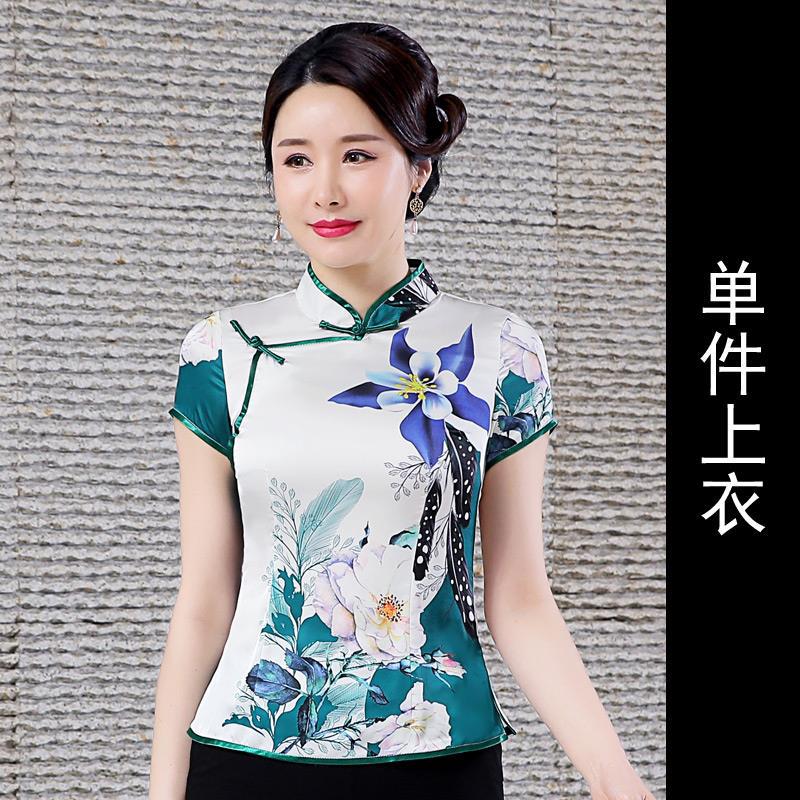 应否旗袍两套装民族风女装夏季新款复古时尚日常改良大码旗袍上衣 绿