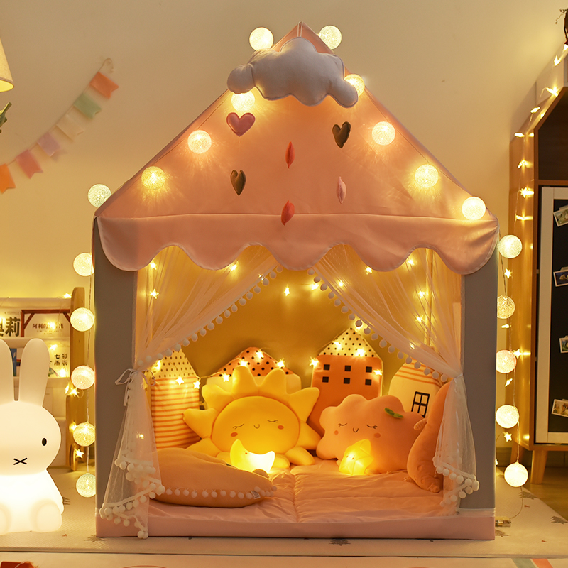 哎呦宝贝 儿童帐篷室内游戏屋家用宝宝男孩女孩公主城堡小房子玩具屋礼物 实木-粉色小屋+地垫+线球灯