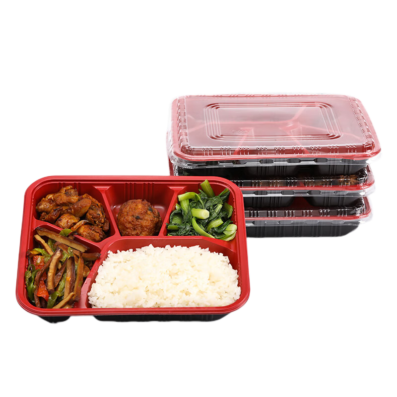 登比一次性飯盒五格餐盒食品級外賣快餐分格帶蓋打包盒碗1000ml*50套