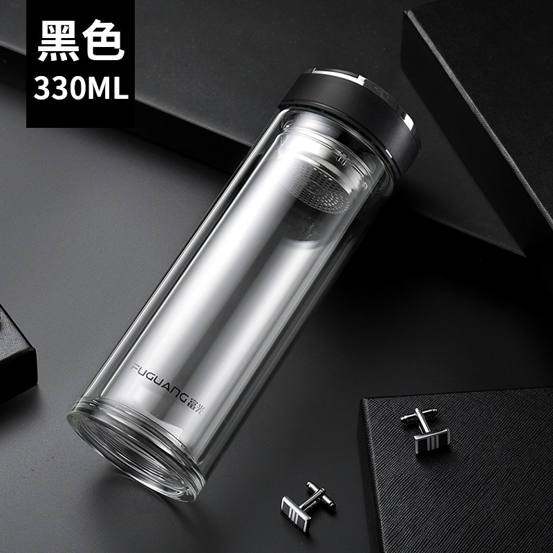 富光玻璃杯双层隔热男水晶防摔耐热水杯透明家用泡茶杯子定制 黑色330