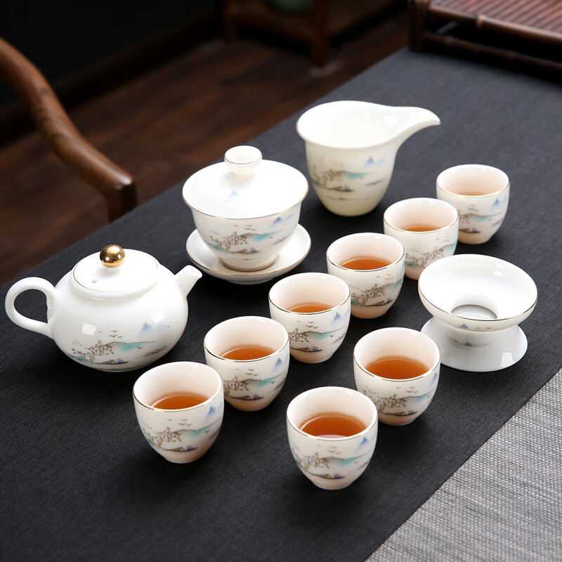 智奉如瓷动人珐琅彩功夫茶具套装家用羊脂玉白瓷喝茶茶杯盖碗茶壶 13头 山水套装