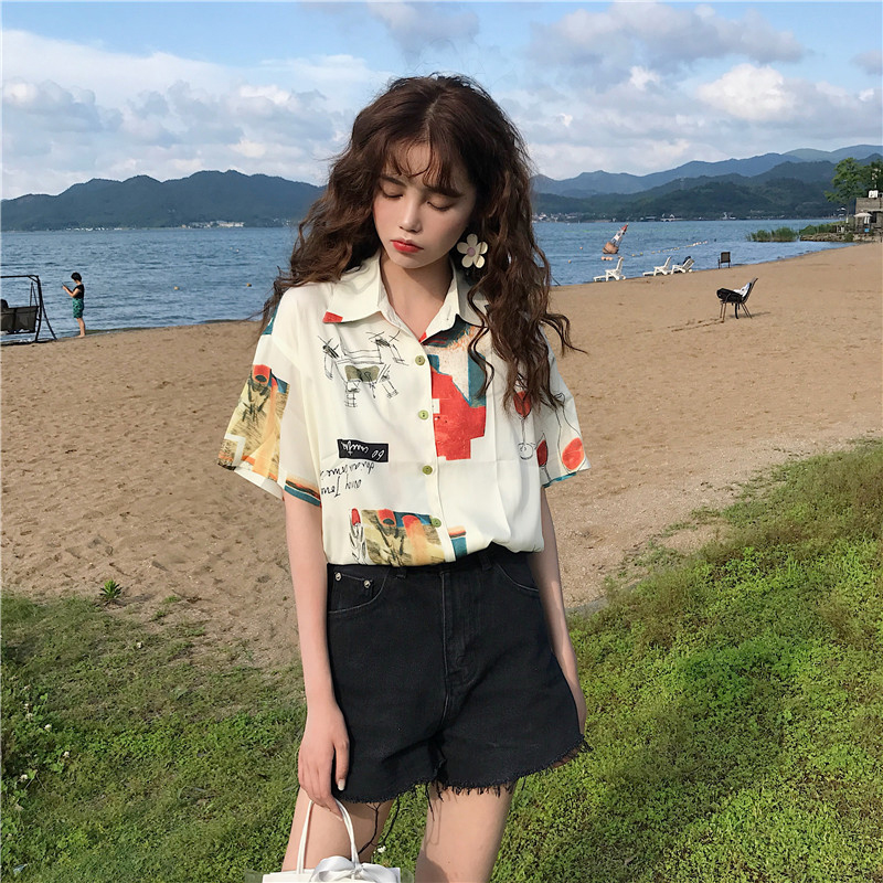 德朔新款女生小个子上衣夏季2021新款韩版宽松百搭减龄时尚印花polo领