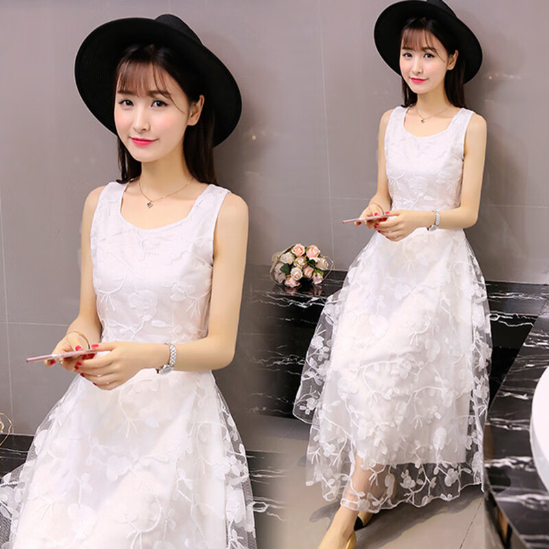 vjwk夏季高个子女生蕾丝连衣裙到脚踝白色仙女连衣裙2024夏季无袖蕾丝