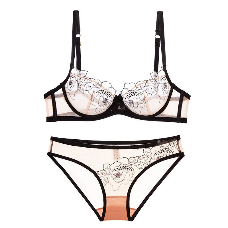 踏丽虹透明胸罩内衣聚拢女性感迷人薄款蕾丝刺绣文胸奶罩纯欲 肤色