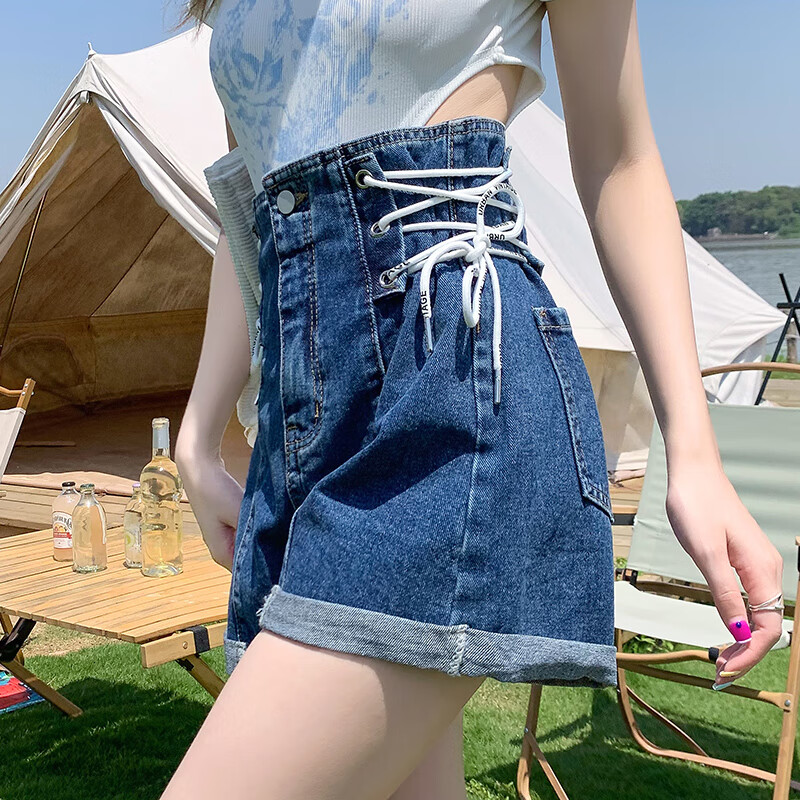 大码超高腰短夏梨形身材微胖显瘦收腰 复古蓝收腹遮肚收小肚子夏天短