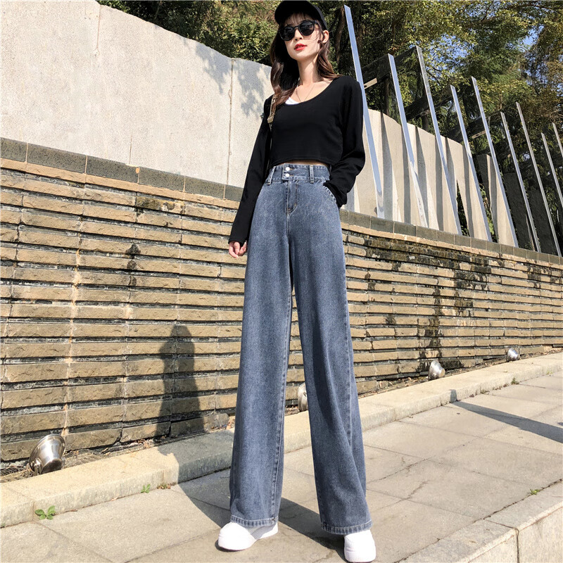 雷黛茜高腰阔腿裤女学生牛仔裤女宽松显瘦梨形小个子直筒裤垂感拖