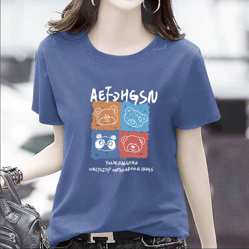 以纯(yishion)【纯棉】短袖宽松大码印花圆领韩版胖mm春季新款上衣潮