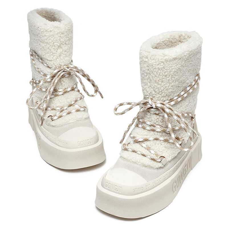 共迹gongji 2025冬季新款加绒雪地靴厚底防滑休闲鞋加厚保暖一脚蹬棉鞋女鞋 柔光白（加绒雪地靴） 36