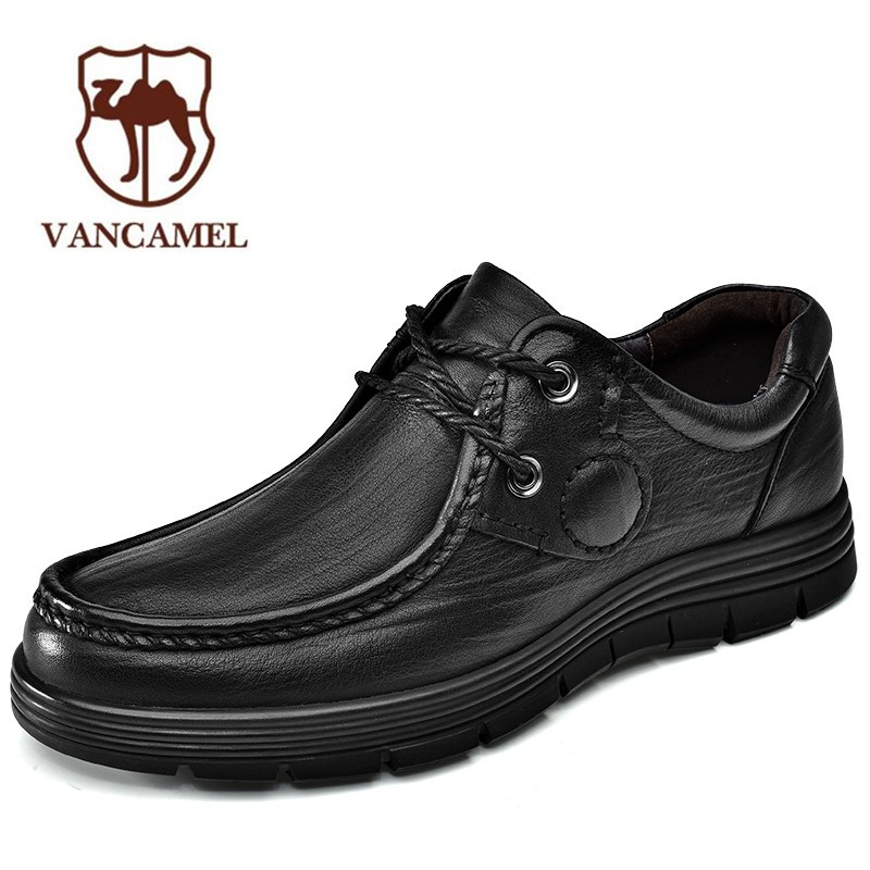 新款男鞋子舒适商务头层牛皮软皮中年人系带休闲鞋百搭皮鞋 黑色 38码