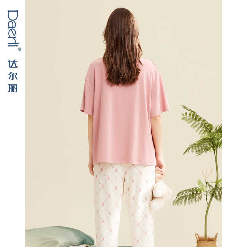 达尔丽针织纯棉睡衣女2025新款夏季圆领短袖长裤兔子印花家居服休闲套装 T8241262-060-豆沙红 L