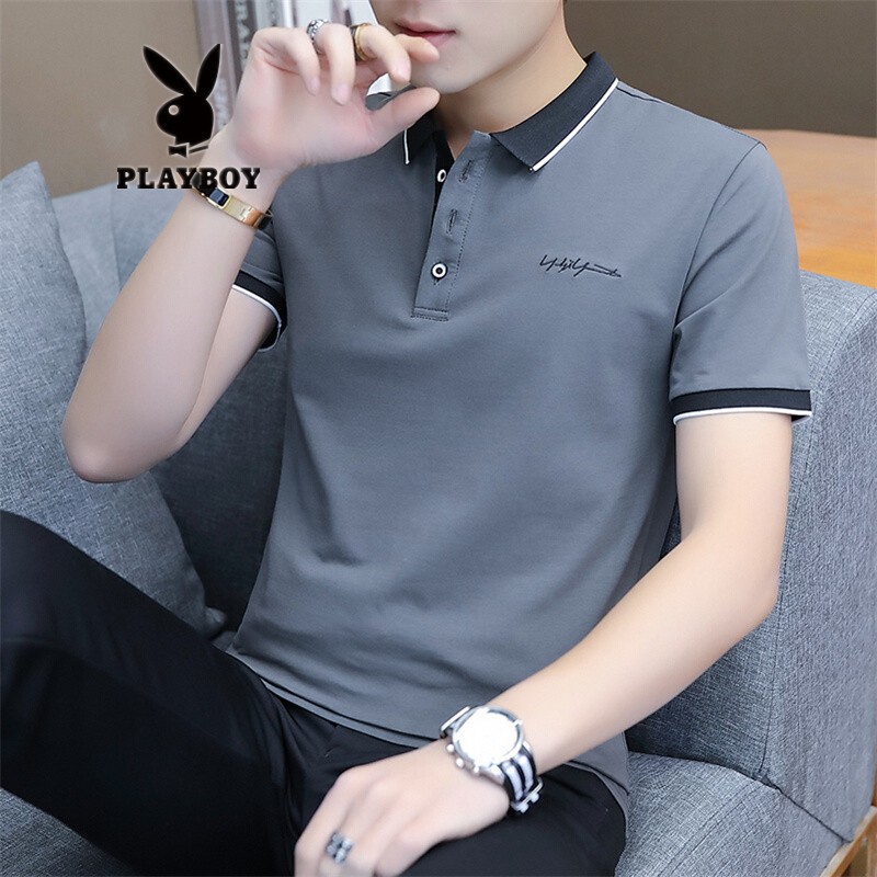 男士韩版潮流纯色刺绣体t恤衫男中青年有领乥恤男polo成熟品牌男装 深