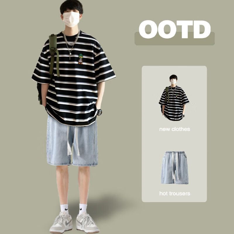 mgjo微胖男生 穿搭套装夏季条纹短袖t恤男士夏装衣服搭配一套帅气半截