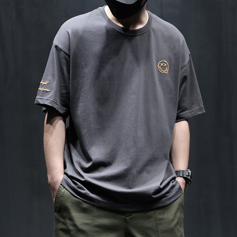 古先森短袖t恤男宽松纯棉半袖男士五分袖男生圆领中袖夏季休闲刺绣t恤