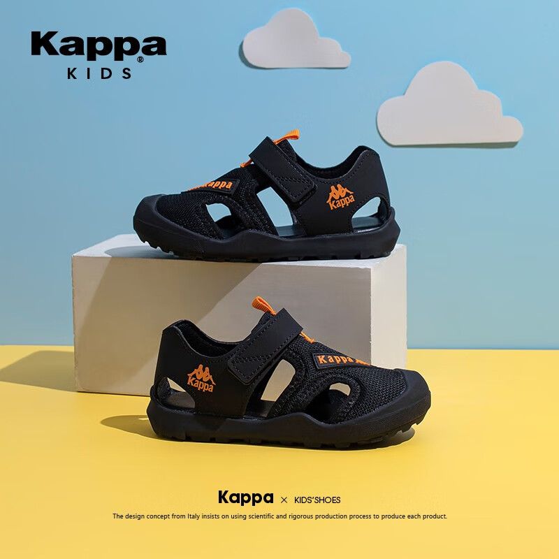 Kappa Kids卡帕童鞋儿童凉鞋男童2023夏季新款网面透气网鞋软底女童沙滩鞋子 黑色 30码 内长19.5适合脚长18.5