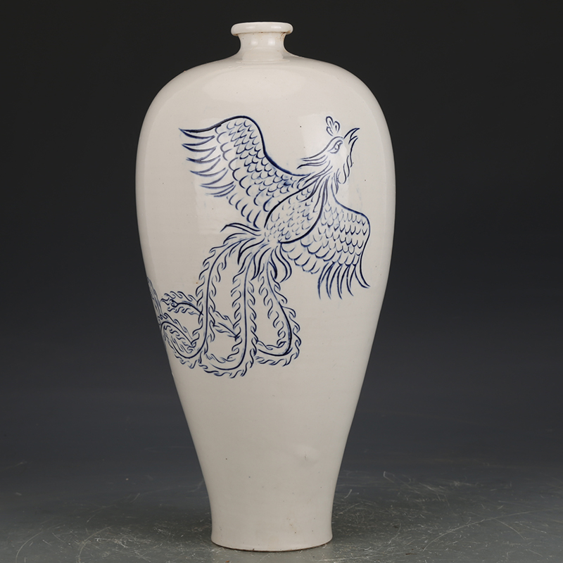 宋定窑青花凤纹梅瓶办公桌摆件陶瓷摆件老货收藏真品旧货仿古瓷器古董