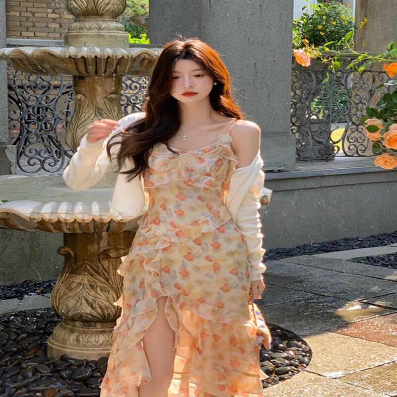 luan)大码女装夏季胖mm新款遮肚显瘦连衣裙法式粉色v领开叉碎花雪纺