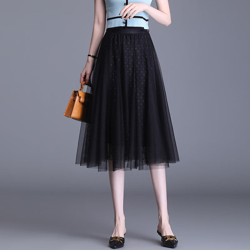 网纱半身裙女春新款百搭纱裙女士中长款高腰百褶裙a字裙子 6610 黑色